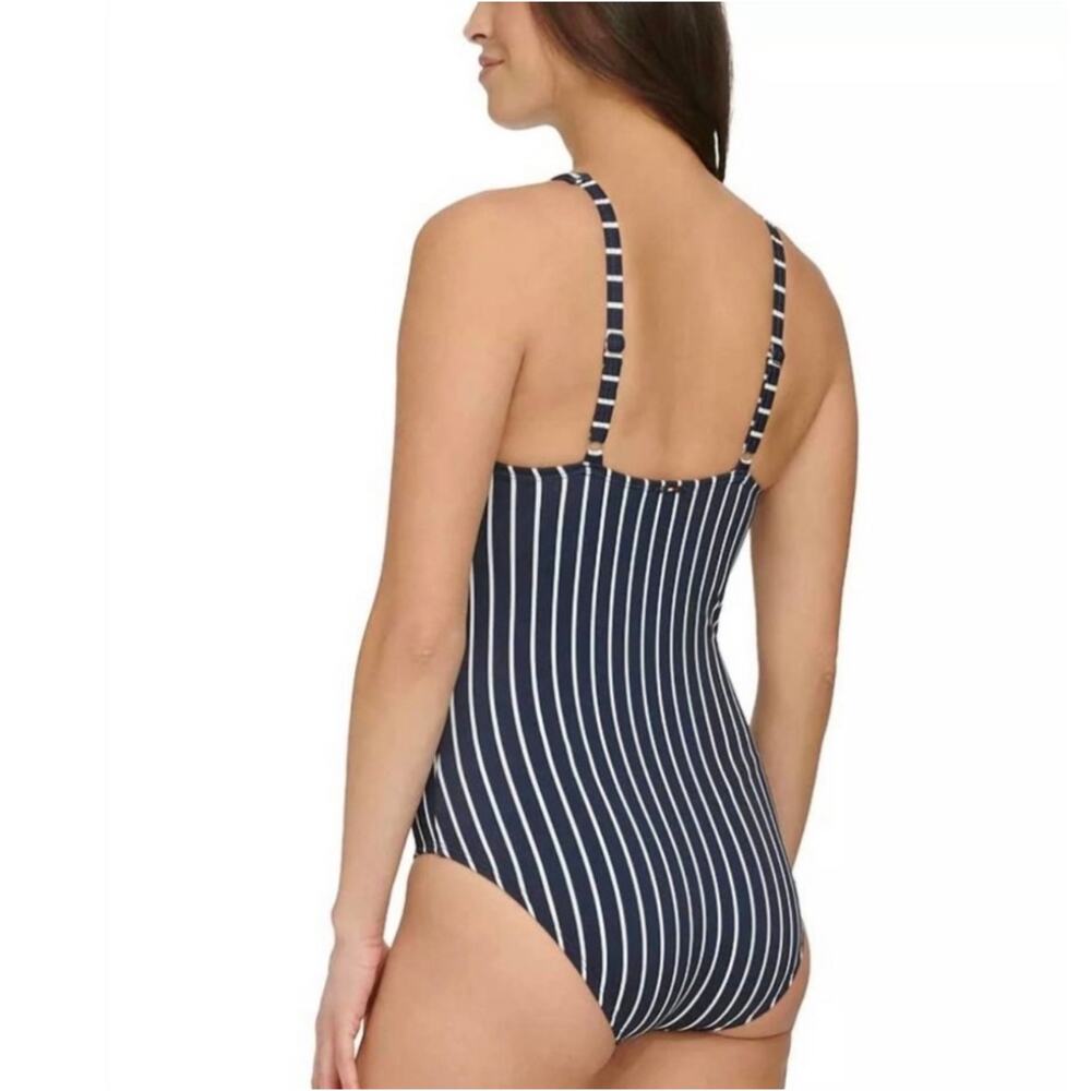 New Tommy Hilfiger stripe one piece swimsuit size small S navy blue white - Picture 2 of 3